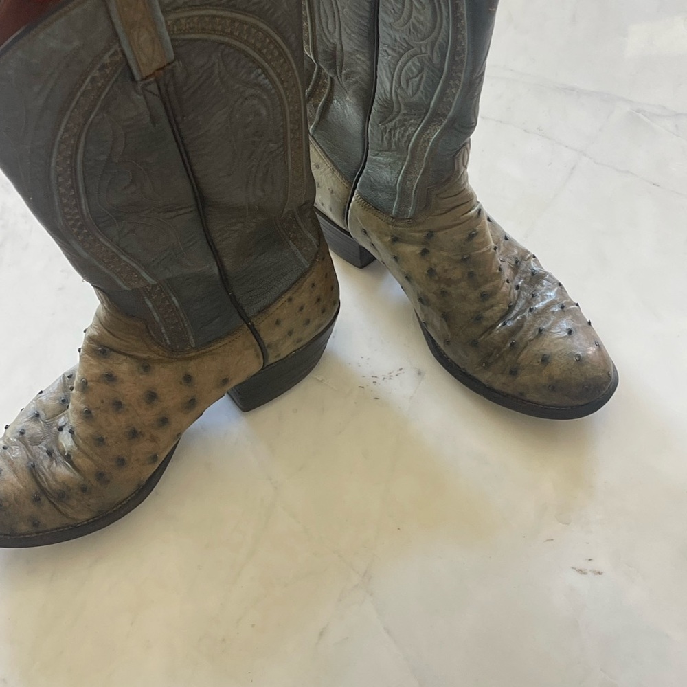 Lucchese Two-Tone Green Ostrich Heeled Cowboy Boots - Picture 14 of 14